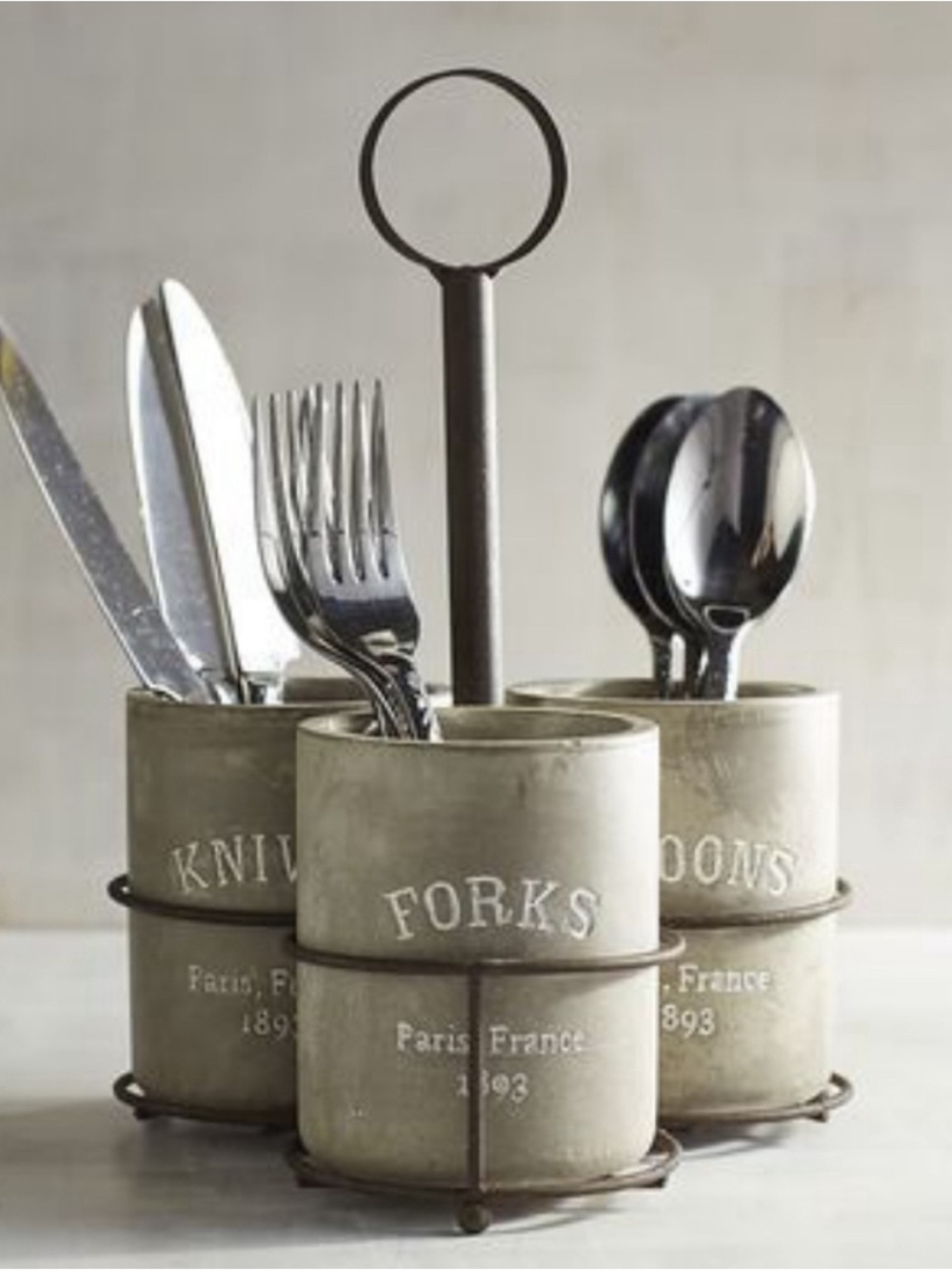 vintage-inspired Pier 1 Imports Concrete Utensil Caddy.